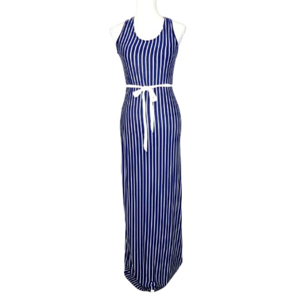 L.A. Class Blue & White Striped Sleeveless Maxi Dress - L. Rayon/Spandex blend